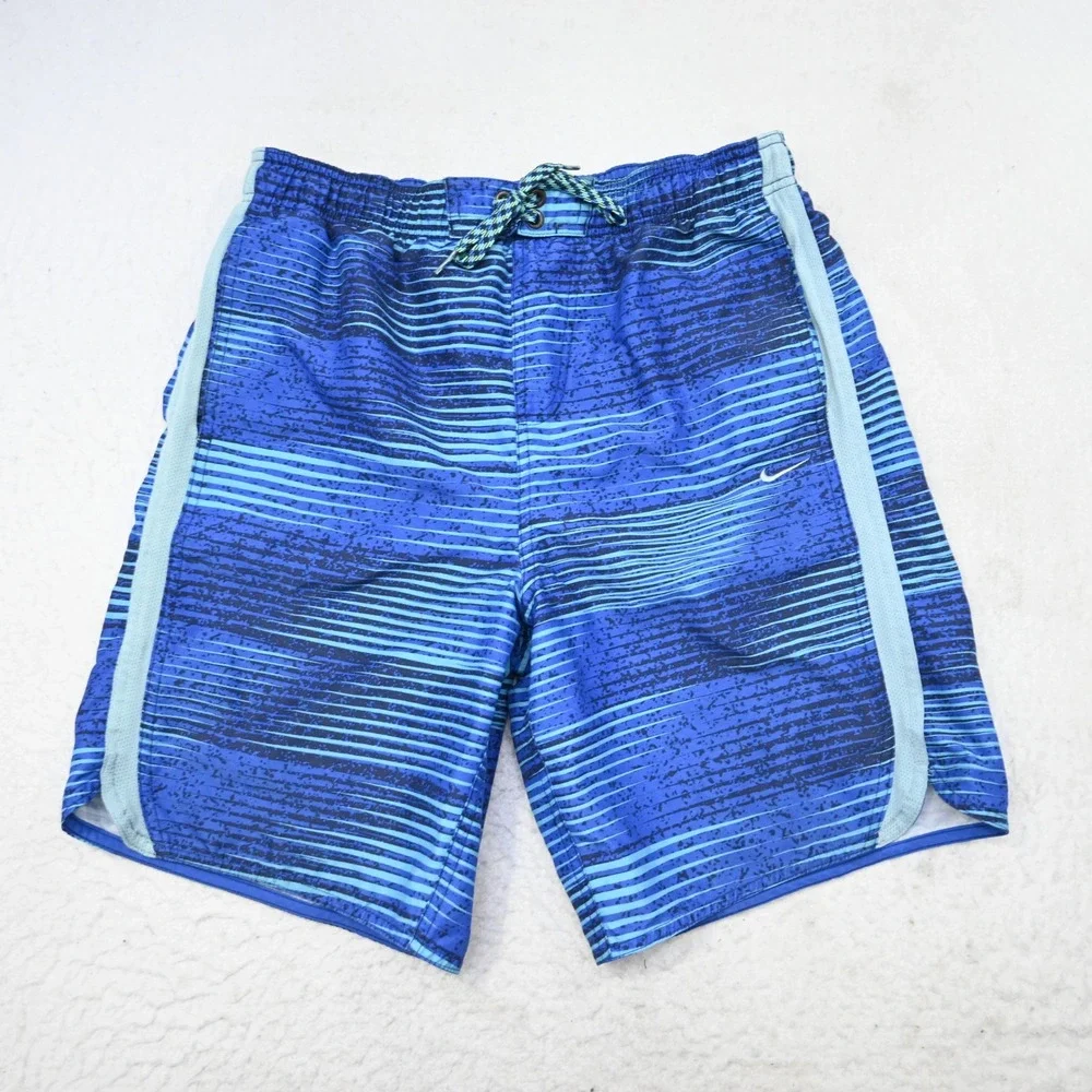 Nike Swim Trunks Men M Blue Striped Mesh Lined Board Shorts 9